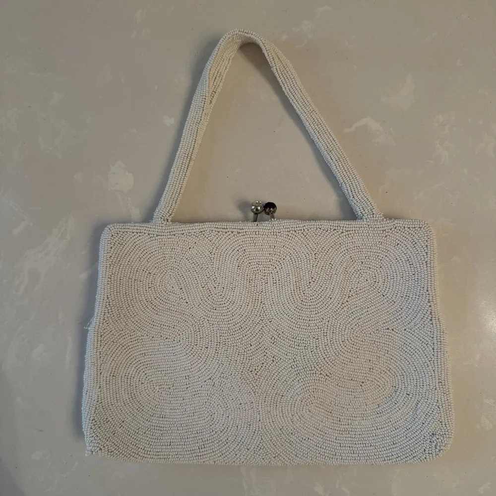 Vintage 60s Walborg Beaded Evening Bag Rhinestone Clasp White